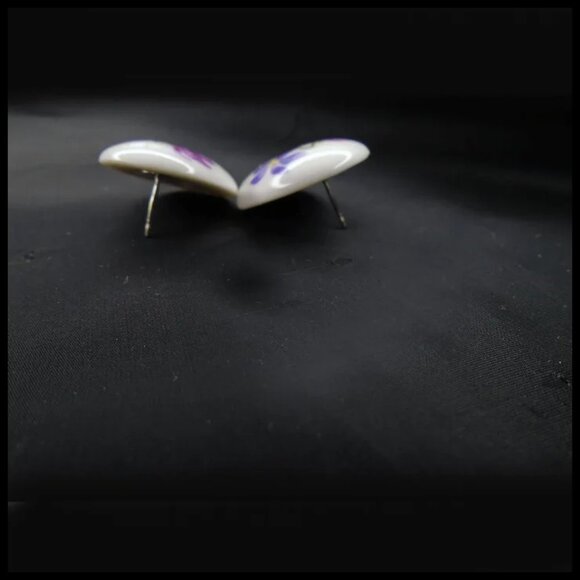 Vintage Floral Post Back Earrings, Flower Decal On Porcelain - Picture 5 of 15